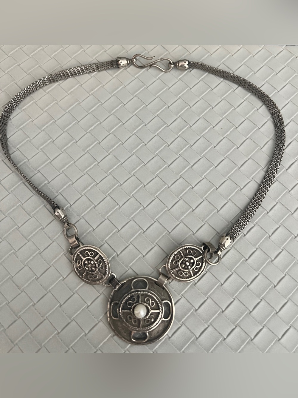 Vintage Sterling Silver Necklace | 33g | Greek Artisan Style | Pearl Accent